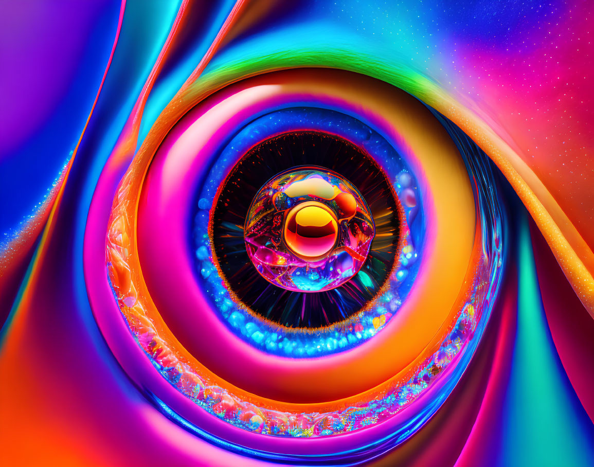 Colorful Swirl Digital Artwork with Eye-Like Center and Rainbow Backdrop