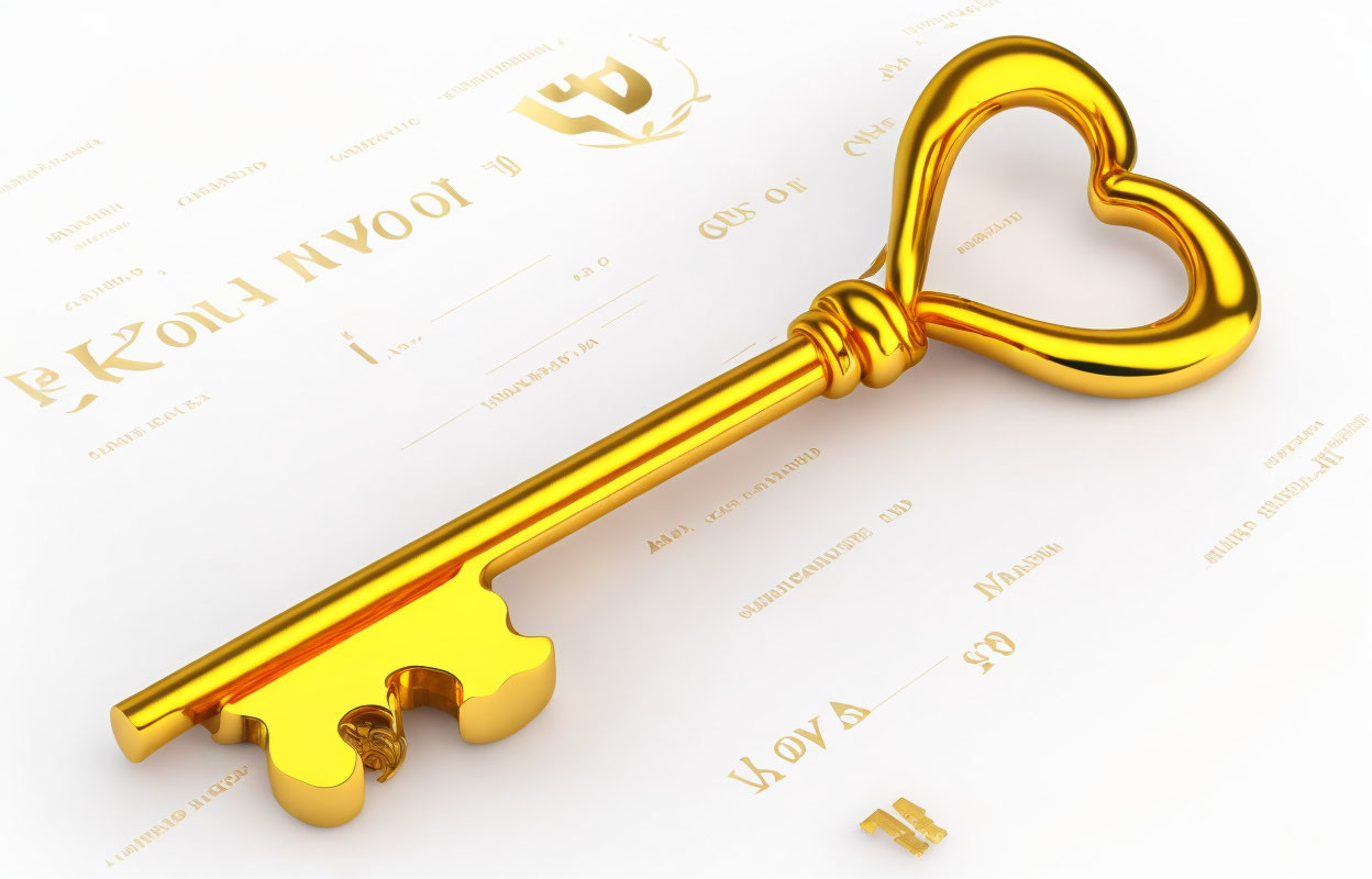 Golden key with heart-shaped bow on cryptic script background.