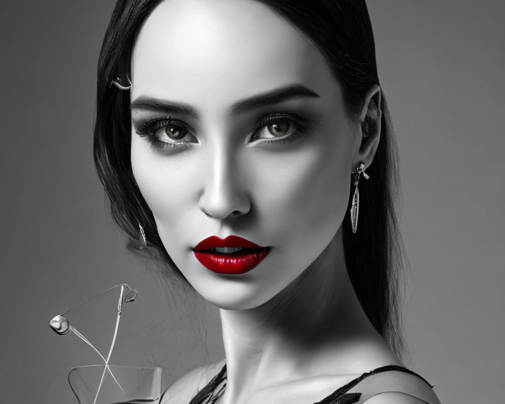 Monochrome portrait of woman with red lips, lace dress, and diamond earrings