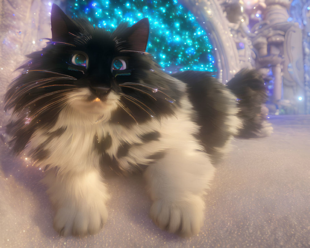 Black and White Cat with Blue Eyes in Winter Wonderland