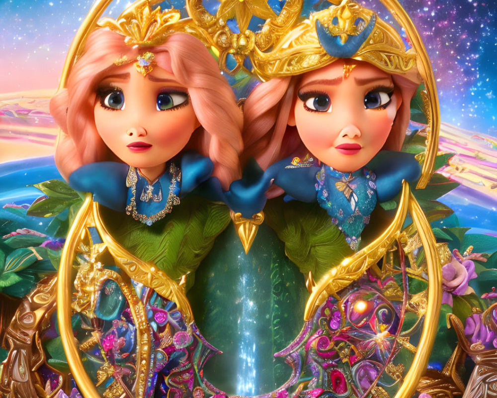 Identical animated dolls with golden crowns in blue dresses against cosmic backdrop