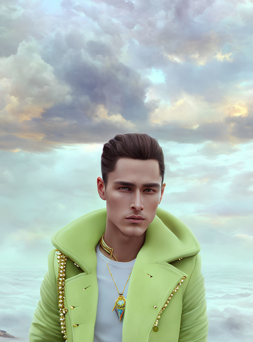 Man in lime green jacket with slicked-back hair against cloudy sky