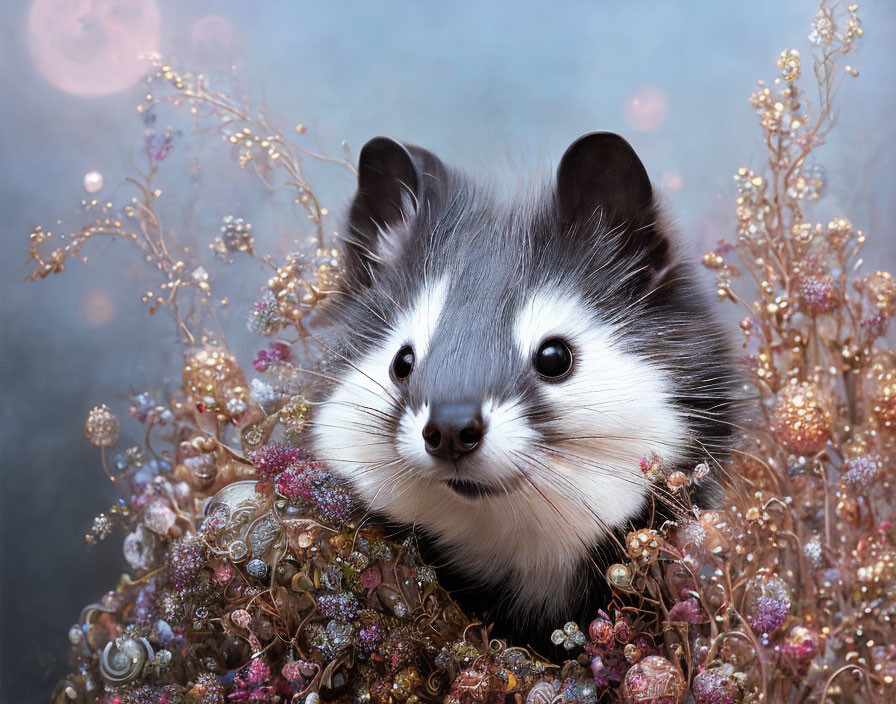 Adorable hamster in flowers with bokeh lights