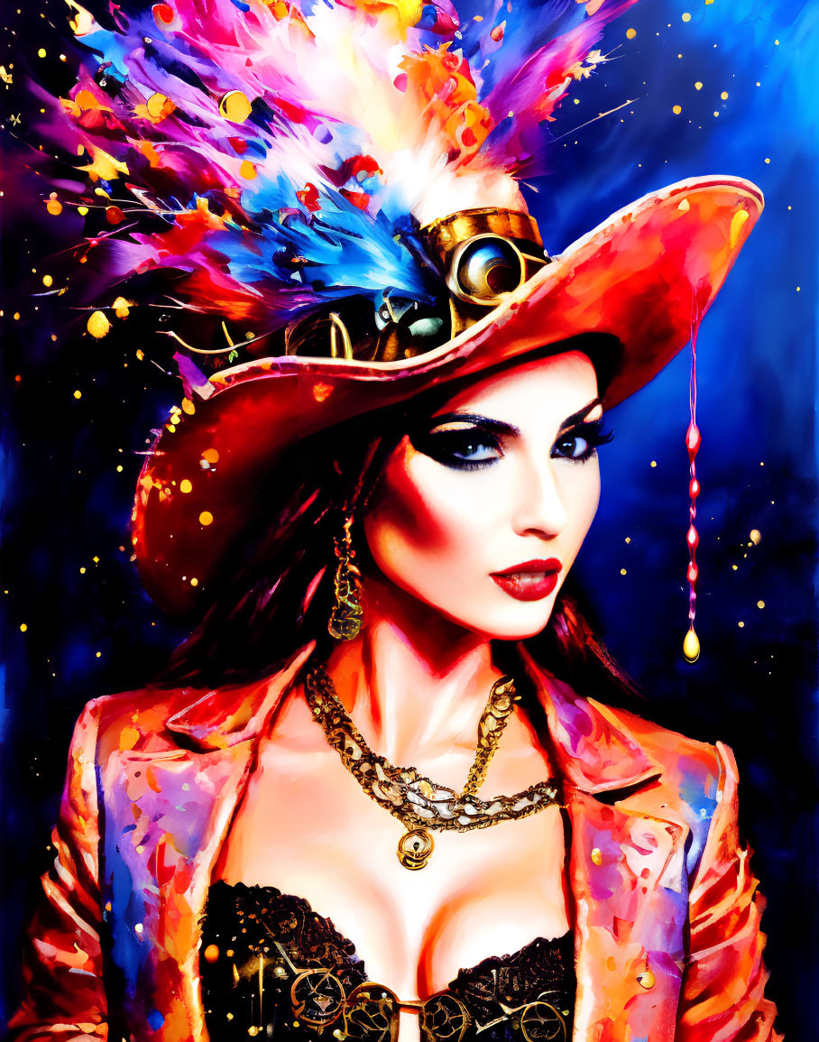 Colorful portrait of a woman in flamboyant hat with feathers, vibrant paint, makeup, and