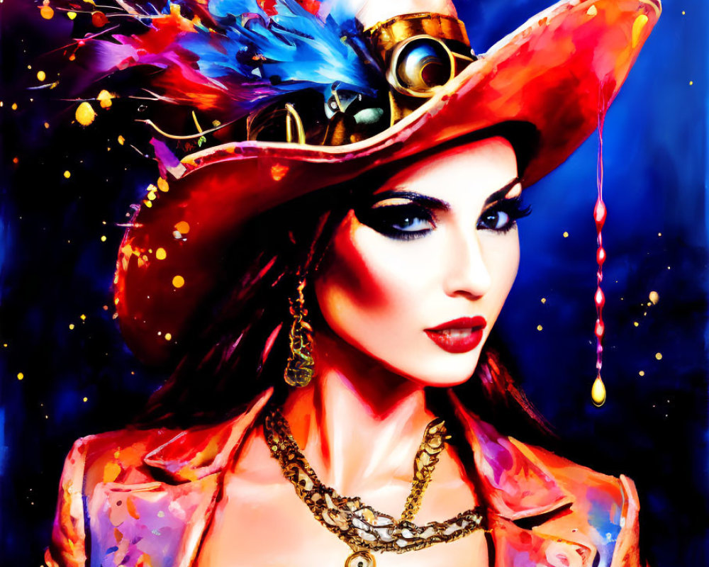 Colorful portrait of a woman in flamboyant hat with feathers, vibrant paint, makeup, and