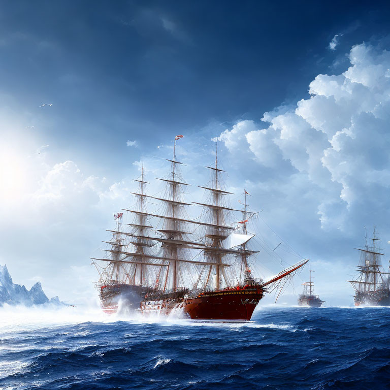 Red-hulled tall ships navigating turbulent sea with distant icebergs