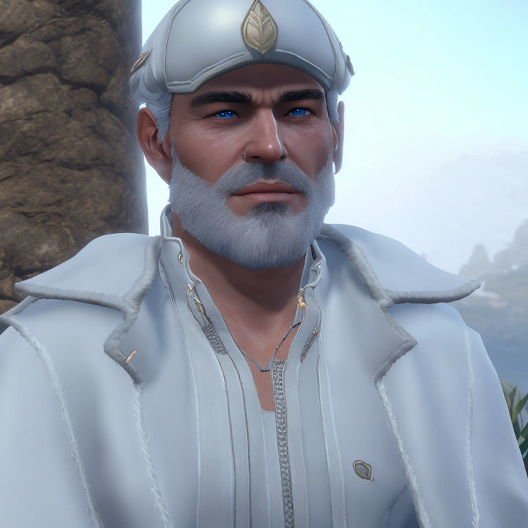 Man with Beard in White Outfit and Turban Contemplating Outdoors