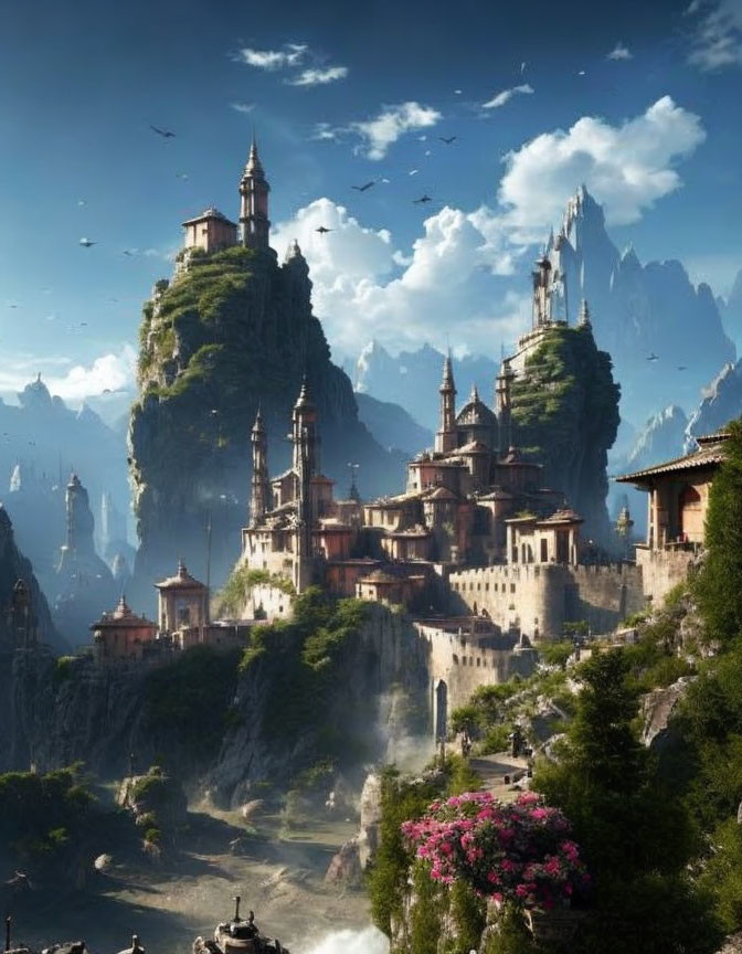 Fantasy landscape with towering cliffs, grand castles, waterfall, and birds under hazy sky