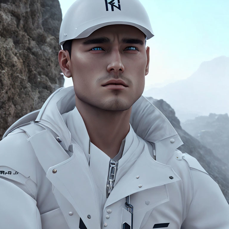 Male figure with blue eyes in white cap and jacket against mountain backdrop