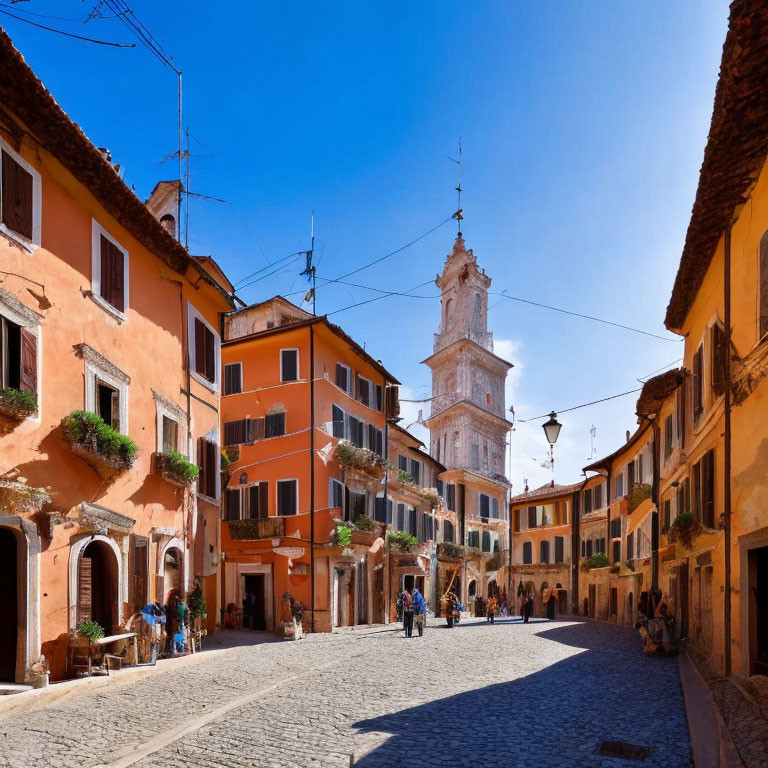 European Street Scene with Terracotta Buildings and Church Tower