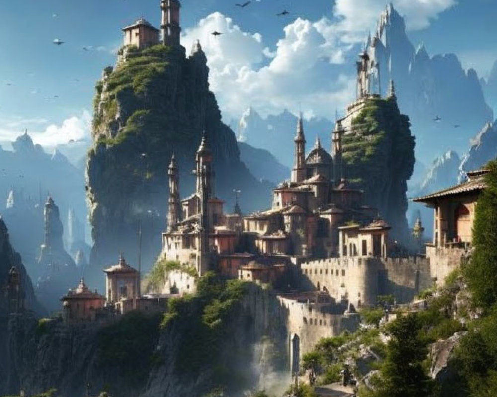 Fantasy landscape with towering cliffs, grand castles, waterfall, and birds under hazy sky