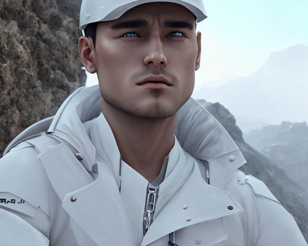 Male figure with blue eyes in white cap and jacket against mountain backdrop