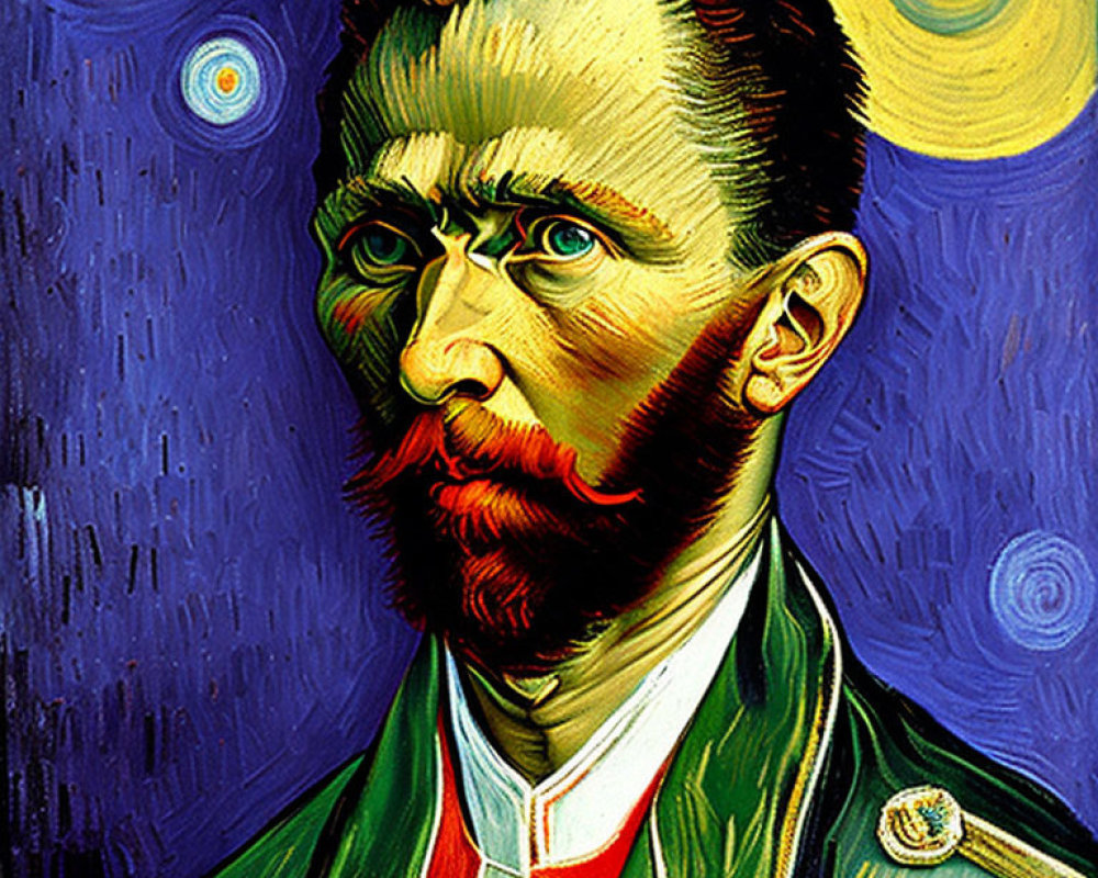 Vibrant painting of bearded man with stern gaze and swirling starry sky