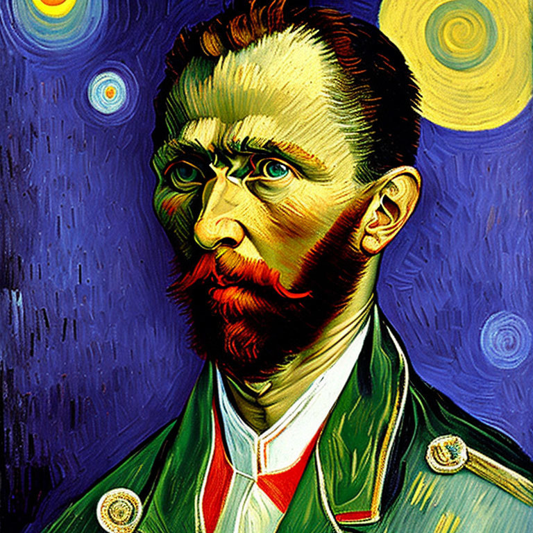 Vibrant painting of bearded man with stern gaze and swirling starry sky