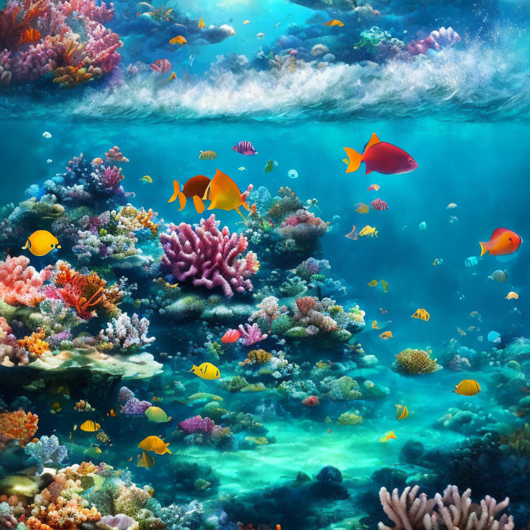 Colorful Coral Reefs and Tropical Fish in Clear Blue Water