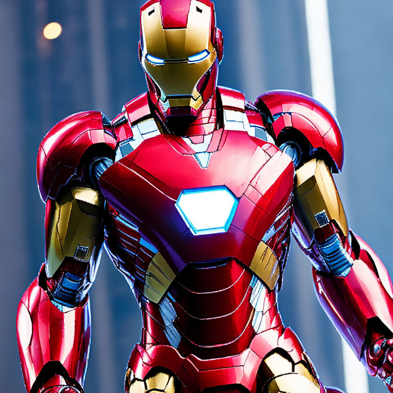 Detailed Close-Up of Red and Gold Iron Man Suit with Glowing Arc Reactor