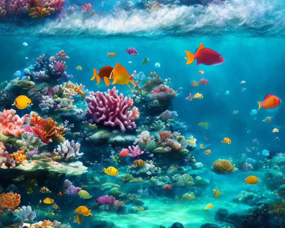 Colorful Coral Reefs and Tropical Fish in Clear Blue Water