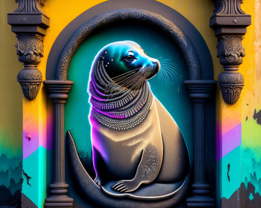 Colorful Street Art Mural Featuring Seal with Purple Necklace