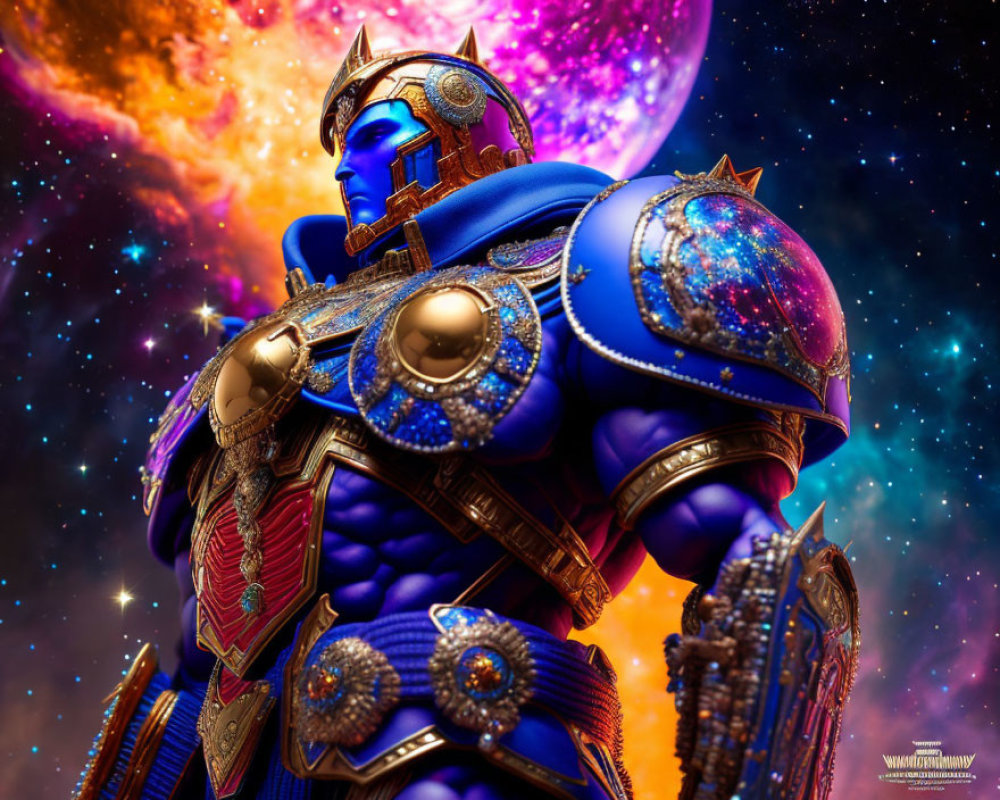 Cosmic-themed digital artwork of blue-armored figure in starry setting