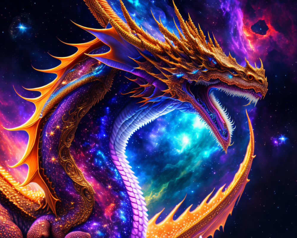 Majestic golden dragon against cosmic nebula backdrop