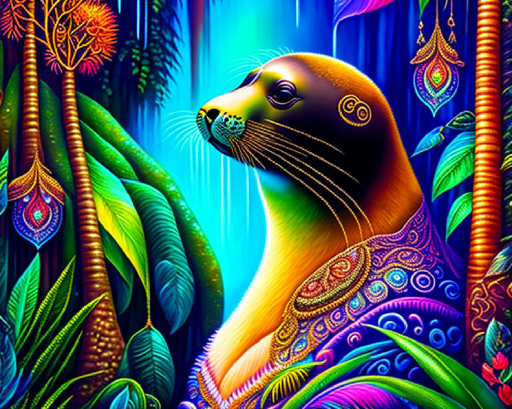 Colorful Seal Illustration Against Neon Tropical Background