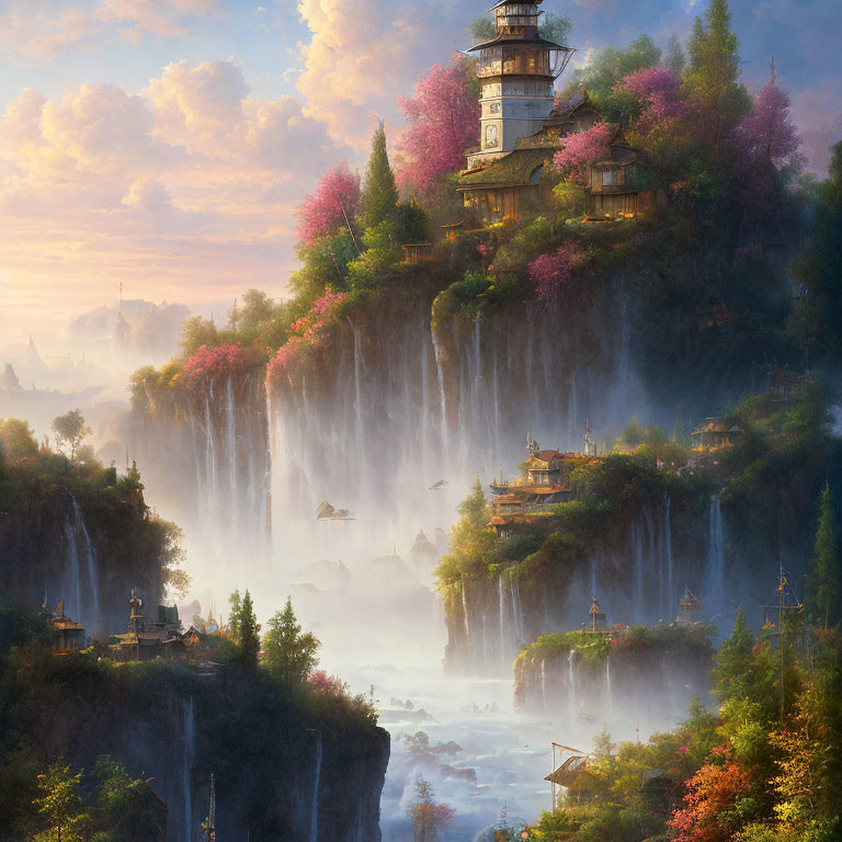 Ancient Pagoda Over Lush Waterfall and Cherry Blossoms