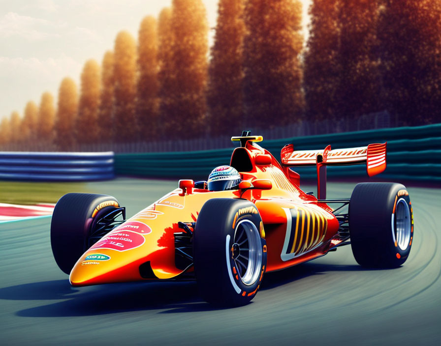 Red Formula 1 racing car on track with golden trees on sunny day