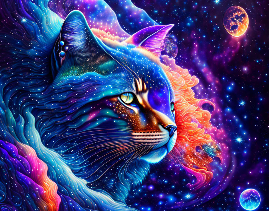 Colorful Cosmic Cat Artwork with Starry Space Background