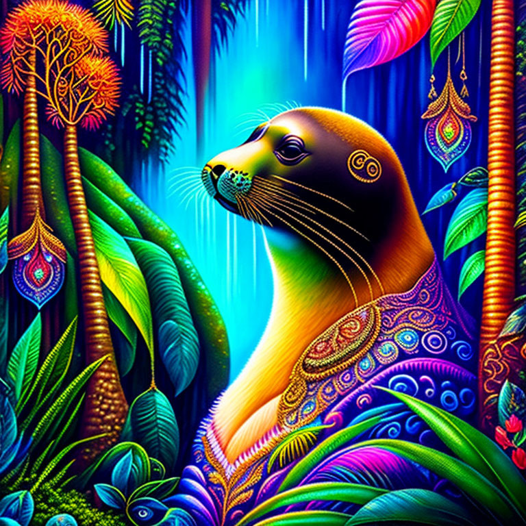 Colorful Seal Illustration Against Neon Tropical Background