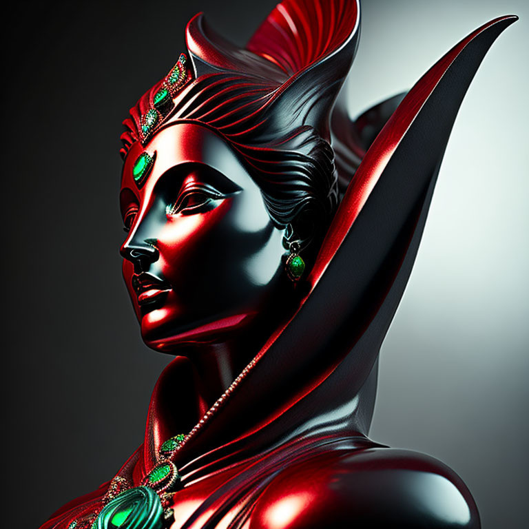 Digitally-rendered female figure in red and black headdress with green jewelry