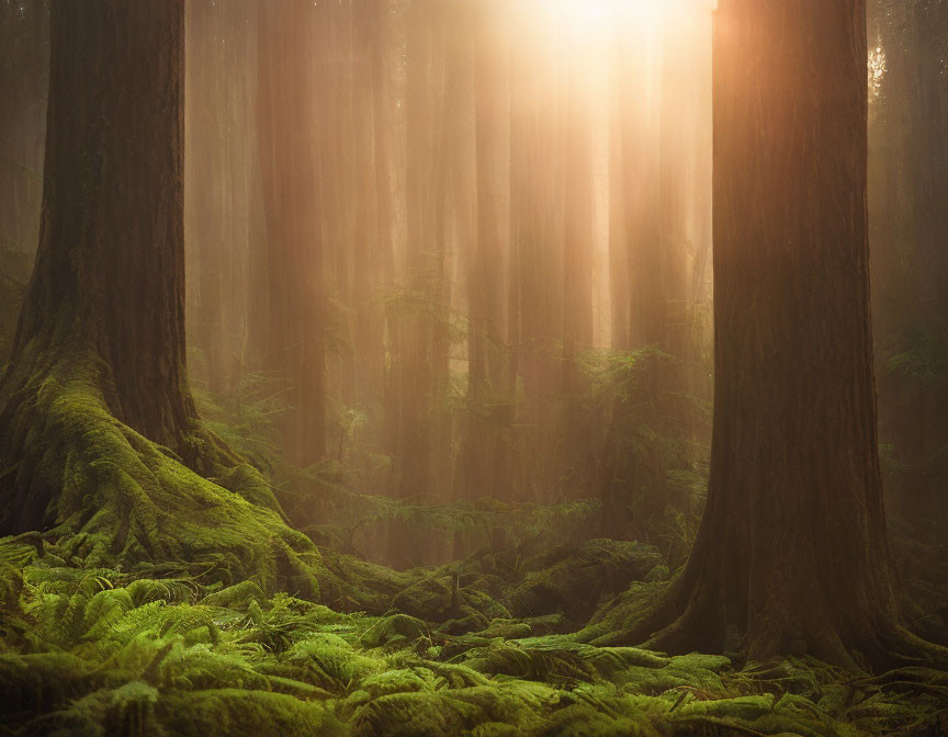 Misty sunlight in lush green forest with moss-covered ground