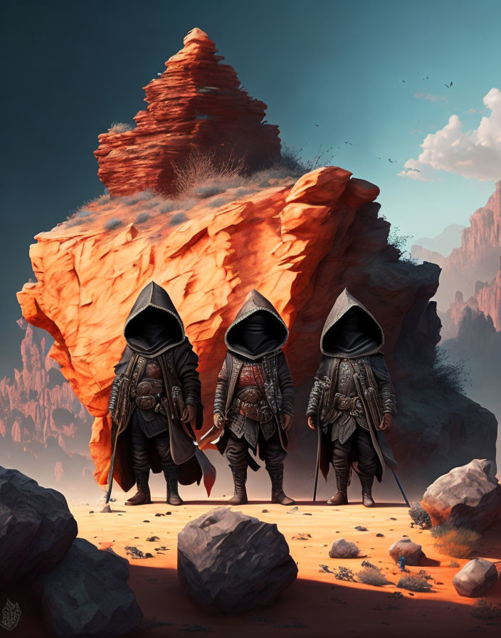 Fantasy artwork: Three figures in cloaks and armor by red rock formation.