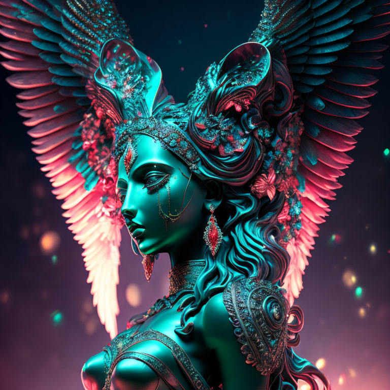 Detailed 3D turquoise illustration of woman in ornate armor and wings on celestial backdrop