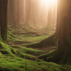 Misty sunlight in lush green forest with moss-covered ground