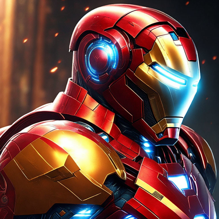 Detailed view of glowing blue arc reactor and eyes on red and gold Iron Man suit