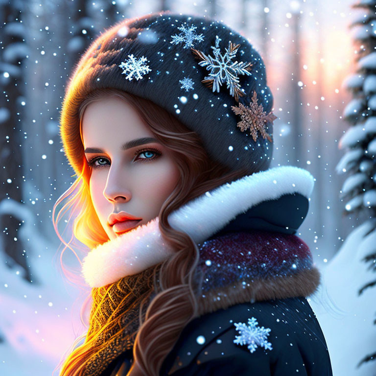 Digital artwork of woman with blue eyes and long hair in winter attire against snowy forest.