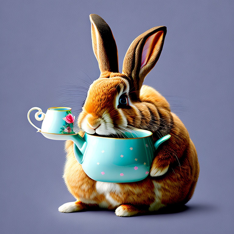 Whimsical digital illustration of a brown rabbit with teacup and teapot on purple background