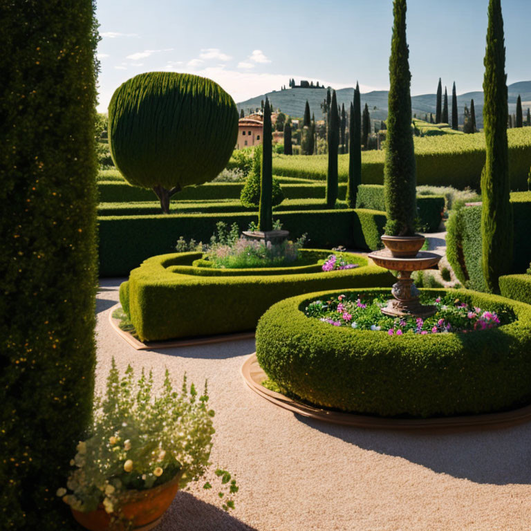 Geometric Hedge Designs in Manicured Garden with Fountain