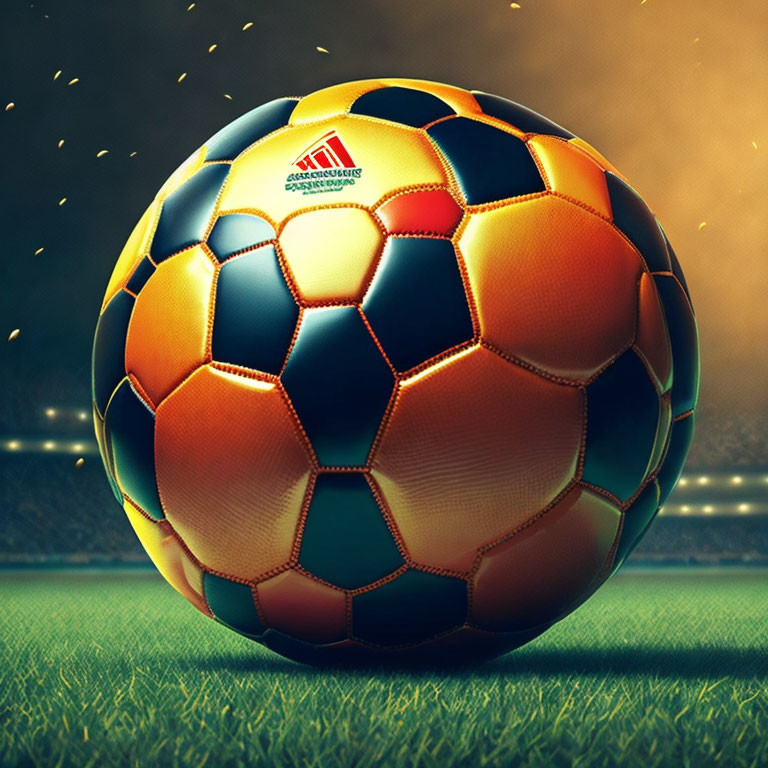 Colorful Soccer Ball on Grass Field with Stadium Lights