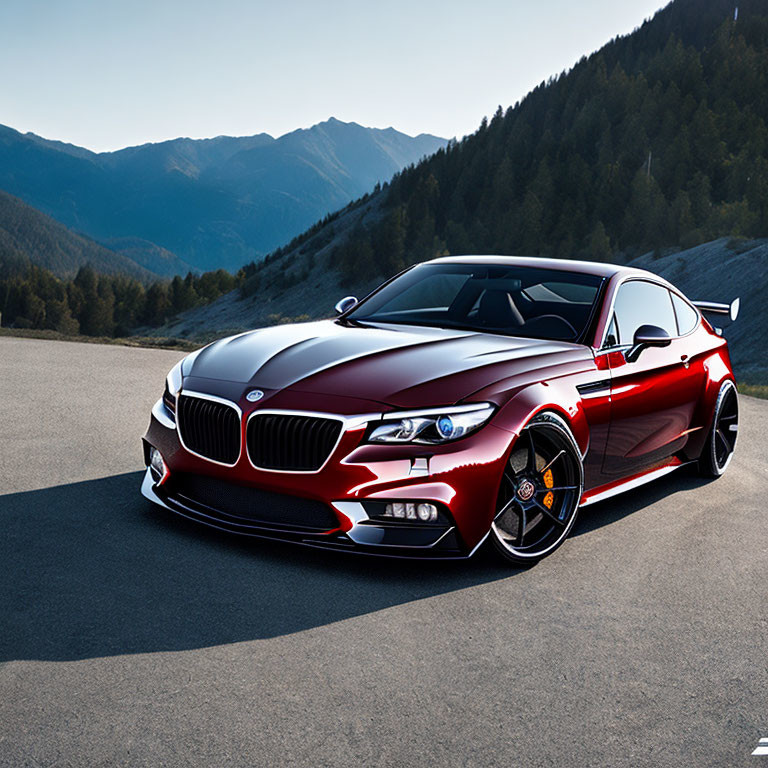 Red Sports Car with Custom Rims in Mountain Setting