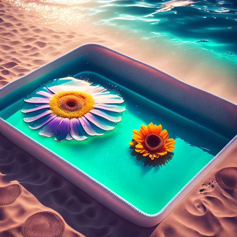 Surreal 3D laptop submerged in sand with tranquil water screen and vibrant flowers