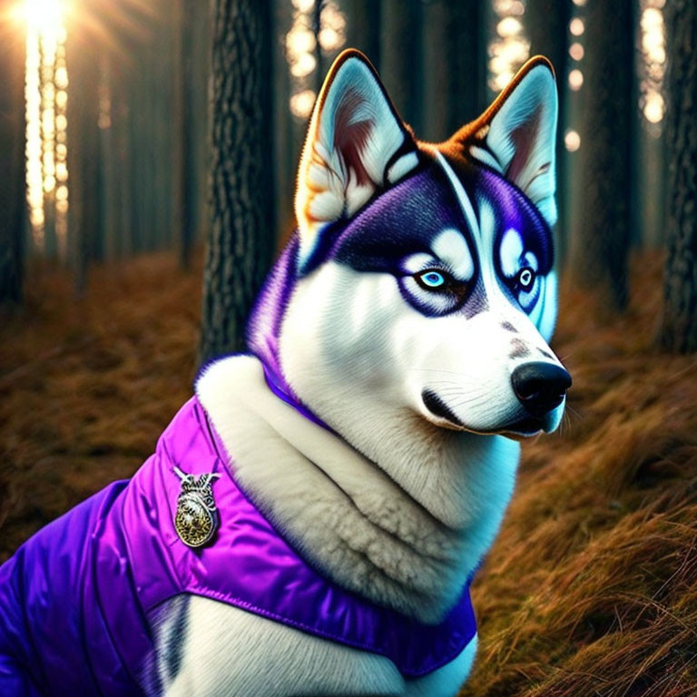 Husky in Purple Jacket with Medallion in Forest Setting