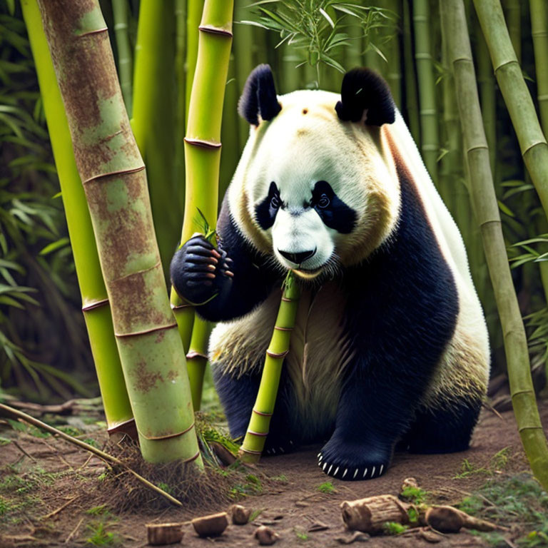 Giant panda surrounded by bamboo, gazing at the camera