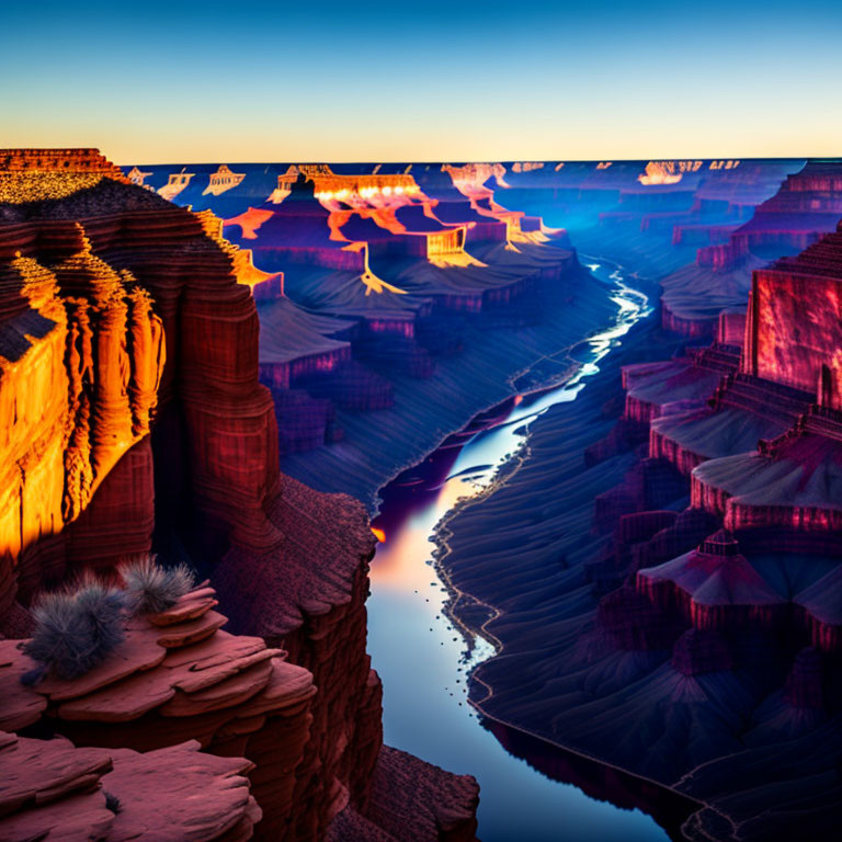 Scenic aerial view of meandering river in deep canyon at sunrise or sunset