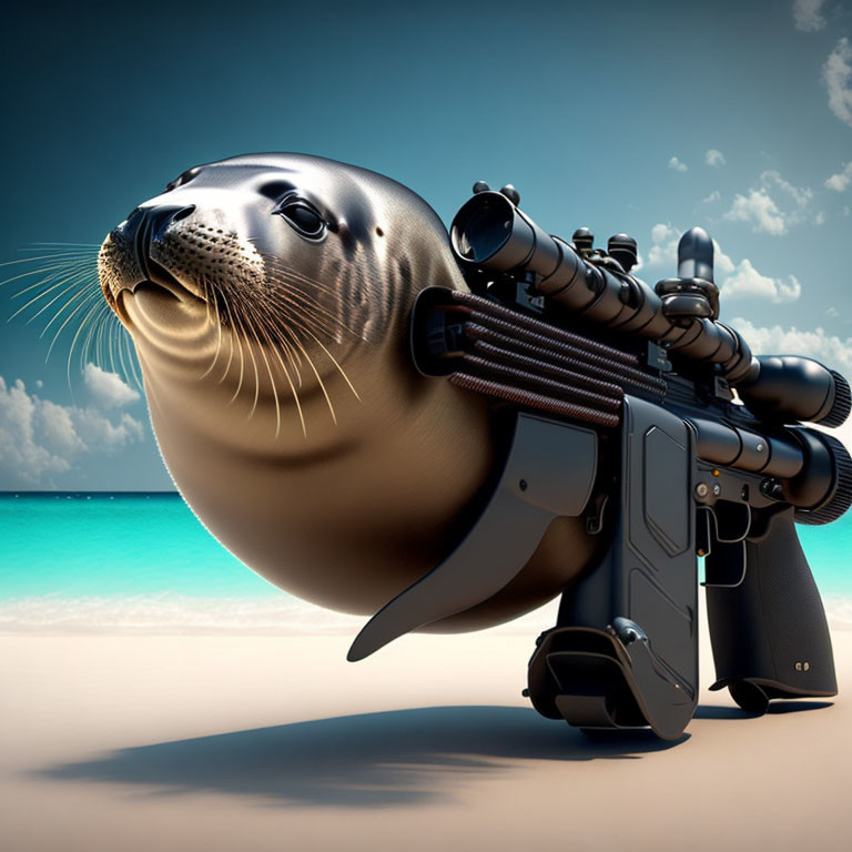 Surreal image of seal head on rifle body on beach