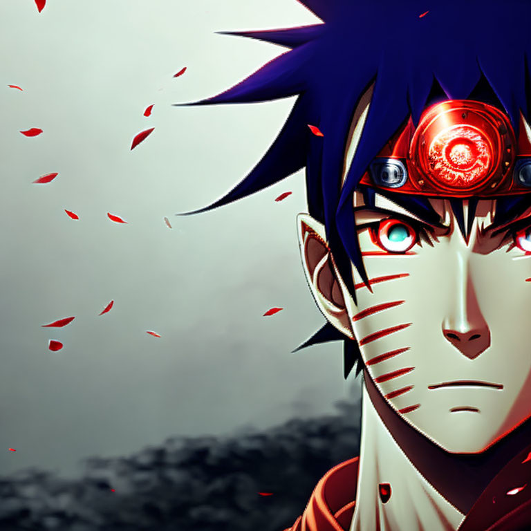 Blue Spiky Hair, Red Mechanical Eye, Petals in Somber Setting