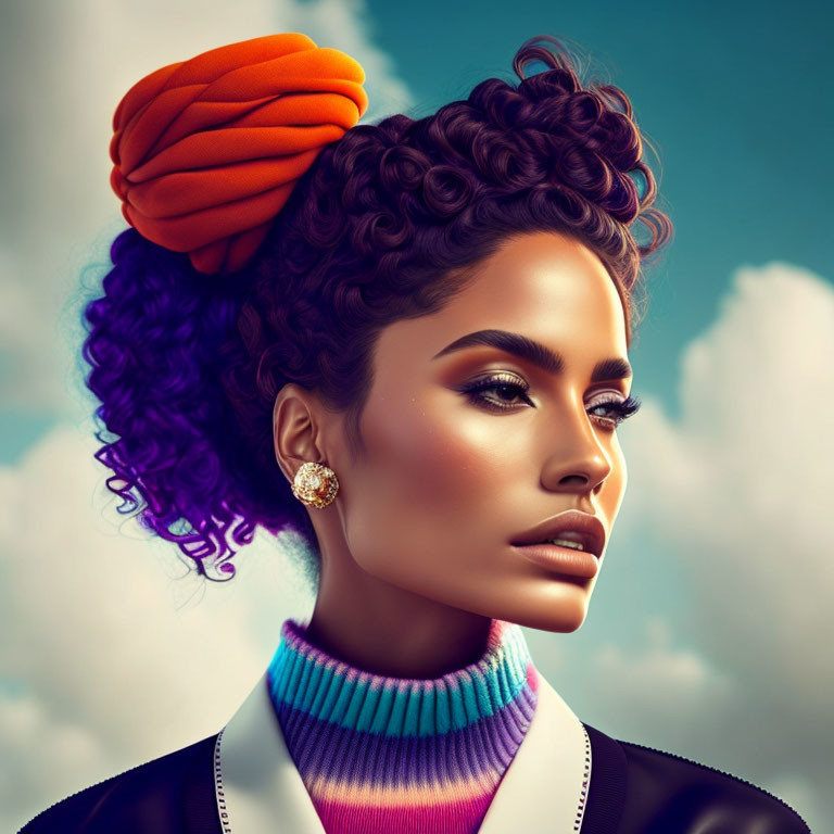 Colorful digital art portrait of a woman with turban, purple hair, and striped turtleneck