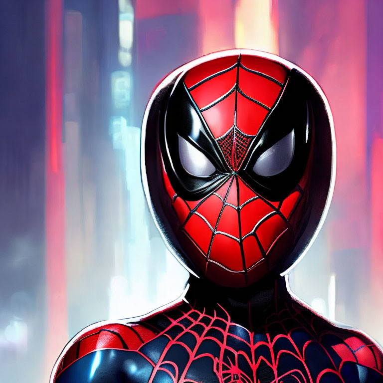 Spider-Man in Red and Black Suit Against Urban Background