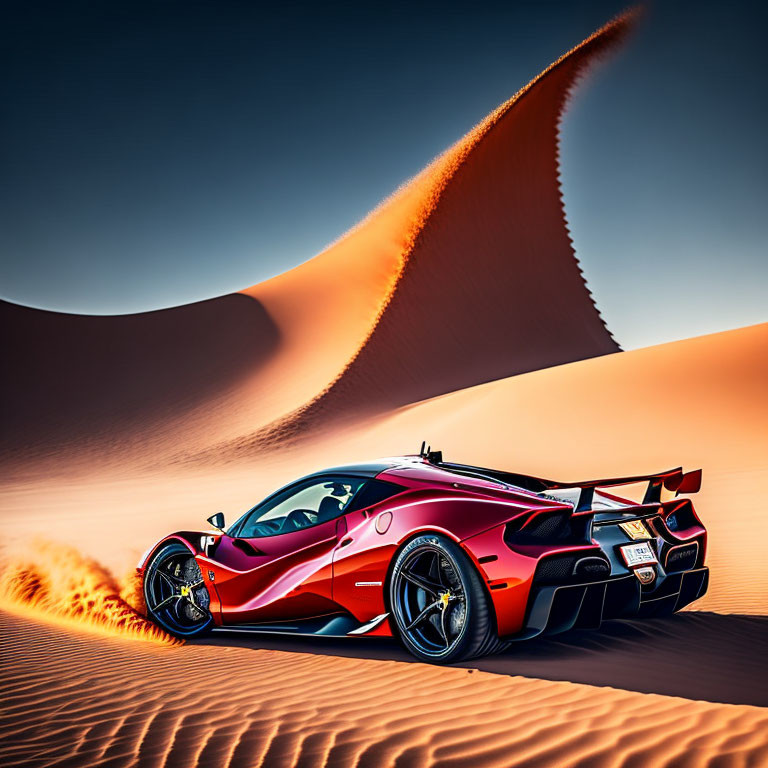 Red sports car with rear wing parked on sand dunes under blue sky