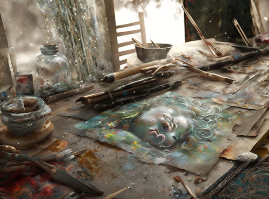 Cluttered workspace with woman's face painting, brushes, paints, snowy window.